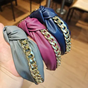 Women leather knotted headband with chunky gold chain stylish hair hoop fashion hair accessories