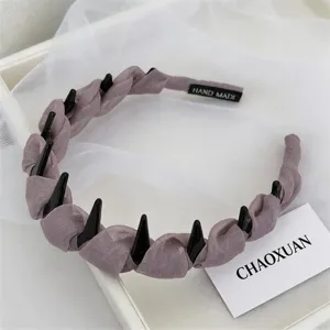Chic grey purple fabric wrapped hair hoop with black teeth detail view daily hair accessory