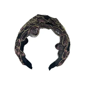 Elegante fascia per capelli in pizzo largo da donna con bellissimo ricamo floreale viola oro.