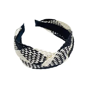 Black and white woven headband for women, stylish braided hair hoop for daily wear and fashion accessories.