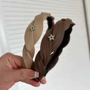 Stylish star braided headband for women, elegant fabric hair hoop with sparkling rhinestones.
