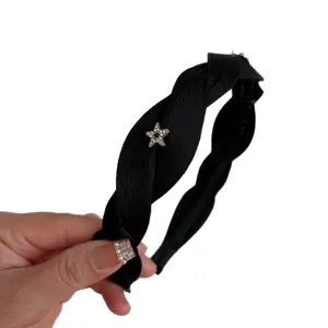 Black braided headband for women with rhinestone star, chic elegant hair accessory for daily wear.