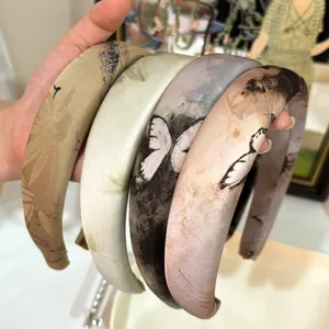 Retro art style sponge headband wide brim fabric hair hoop elegant butterfly print hair accessories