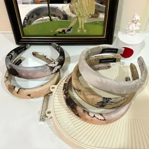 Vintage artistic fabric sponge headband, retro ink print wide hair hoop for daily wear.