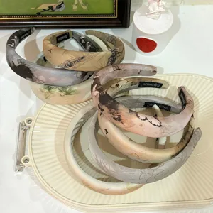 Vintage Chinese ink style fabric sponge headband set, elegant retro hair hoop for women.