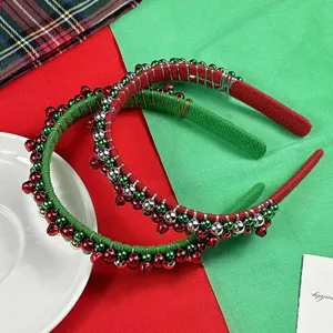 Christmas Headband Red Green Velvet Head Band With Bells Beaded Festive Hair Accessories For Women Party Holiday Hair Hoop