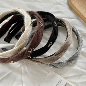 Korean style plush knitted braided headband with cute metal bow for women winter autumn hair hoop