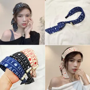 Korean fashion denim wide-brim headband with pearl and knot design for women stylish hair hoop