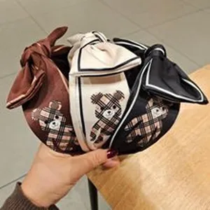 Stylish wide-brim fabric hair hoop with cute bow knot and classic plaid bear design set.