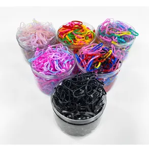 Colorful disposable elastic hair ties in clear jars, candy colors, high stretch bands.