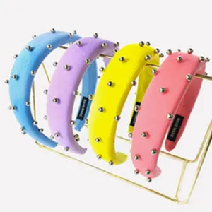 Set di cerchietti imbottiti colorati con perline metalliche, fasce per capelli larghe da donna