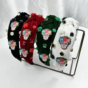 Halloween velvet knotted headband with skull rhinestone flowers detailed close-up display