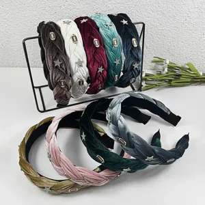 Wide Velvet Braided Hair Band Retro High Crown Face Washing Headband Rhinestone Star Metal Decor Women Hair Accessories