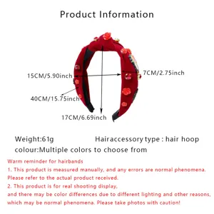 Red velvet Halloween headband detail view, showcasing precise size dimensions and decorative gems.