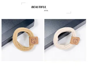 Cute cartoon bear hair tie elastic hair rope with leather tag, simple daily hair accessory.