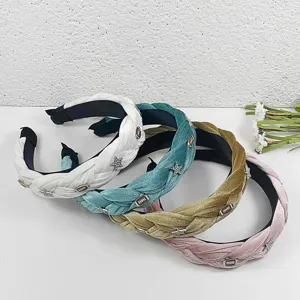Wide braided velvet headband detailed with metal stars and football charms in multiple chic colors.