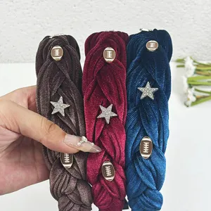 Wide velvet braided headband with rhinestone star and football charms for autumn winter styling