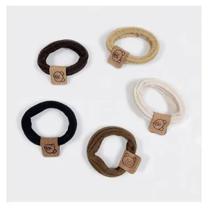 Cute cartoon bear hair ties set, minimalist brown tone elastic ponytail holders for women.