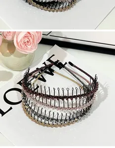 Detailed view of multi-layer beaded tooth headband, sparkling rhinestones, non-slip design.
