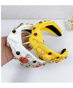 Fabric knotted headband with rhinestones and sports balls, stylish hair accessory for women.