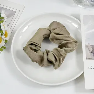 Elegant khaki satin hair scrunchie, high elasticity vintage ponytail holder for daily wear.