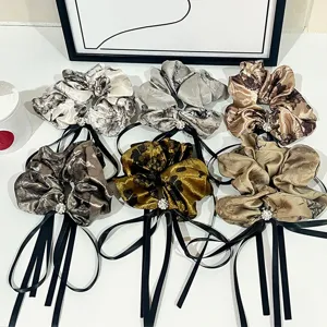 Vintage Chinese Ink Floral Fabric Hair Scrunchie With Ribbon Rhinestone Elegant Elastic Hair Tie Ponytail Holder