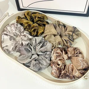 Chinese ink-wash floral scrunchies silk satin hair ties retro elegant hair accessories for women