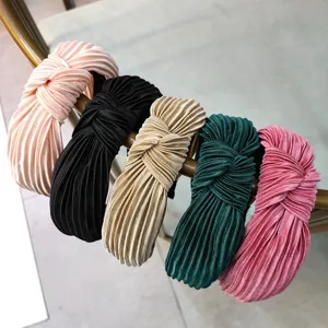 Femmes Mode Large Bord Plissé Noué en Croix Serre-tête Tissu Couleur Unie Cerceau de Cheveux Accessoires Élégants Quotidiens