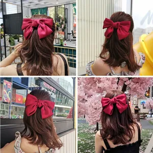 Japanese style large red satin bow hair clip cute sweet girl hair accessories spring barrette
