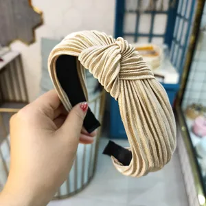 Serre-tête en tissu plissé or champagne pour femmes, cerceau à cheveux noué large accessoire mode