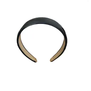 Black leather wide headband for women, minimalist solid color hair hoop for daily wear.