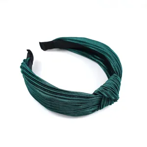 Serre-tête noué en tissu plissé vert foncé, large cercle de cheveux pour la mode quotidienne.