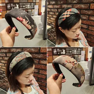 Detailed view of wide brim headbands featuring plaid and floral designs, lifestyle shots.