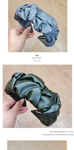 Detailed view of women's PU leather pleated hair hoop, vintage solid color thick headband.