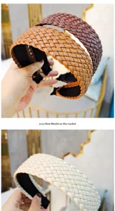 Wide woven PU leather headband for women, stylish braided non-slip hair hoop for daily wear.