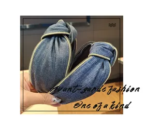 Denim knotted hair hoop wide fabric zipper headband fashionable hair accessories for women daily wear