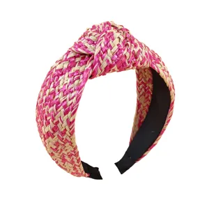 Fashion pink raffia knotted headband bohemian wide hair hoop for women chic summer hair accessories