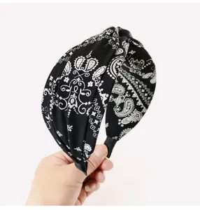 Cerchietto capelli nero e bianco fantasia paisley nodo largo in tessuto accessorio donna
