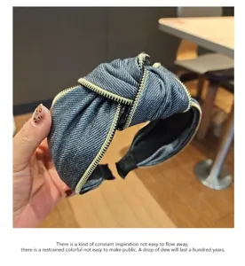 Denim Knotted Headband Wide Fabric Hair Hoop with Metal Zipper Design Fashion Hair Accessories
