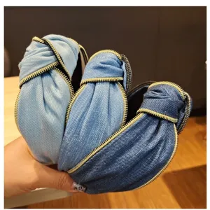 Fashion denim knotted headband with unique zipper trim wide fabric hair hoop for women daily wear