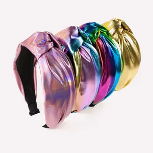 Women Wide Knotted Headband Metallic Glossy PU Leather Hair Band Vintage Colorful Fashion Hair Accessories