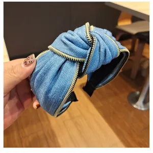 Blue denim headband for women, stylish knotted hair hoop with unique zipper design for daily wear
