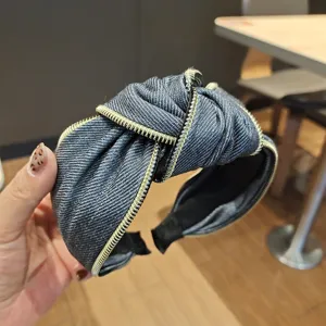 Denim headband for women stylish wide knotted hair hoop with zipper design daily hair accessories