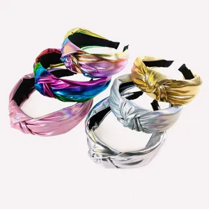 Colorful metallic leather knotted headband, wide fashion twisted hair hoop for women retro.