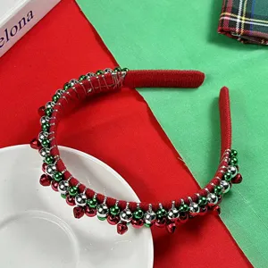 Christmas red green headband with beads and jingle bells festive hair accessory for women.