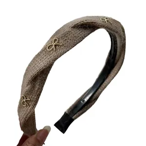 Korean style autumn winter plush knitted braided headband with cute gold bow accessories