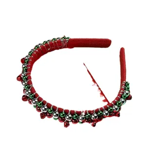 Christmas red velvet headband with colorful beads and bells festive hair accessory for women