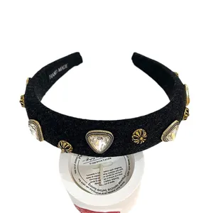Wide black rhinestone headband with vintage metal cross charms, elegant French style hair accessory.