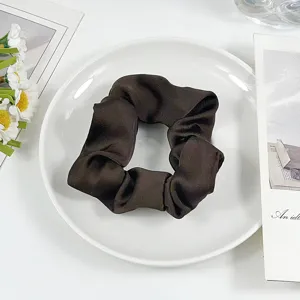 Brown satin hair scrunchie, elegant hair tie ponytail holder for women daily styling.