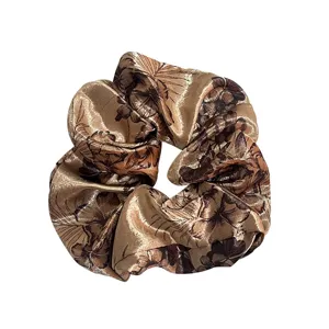 Retro bronze satin floral hair scrunchie elegant vintage botanical print ponytail holder